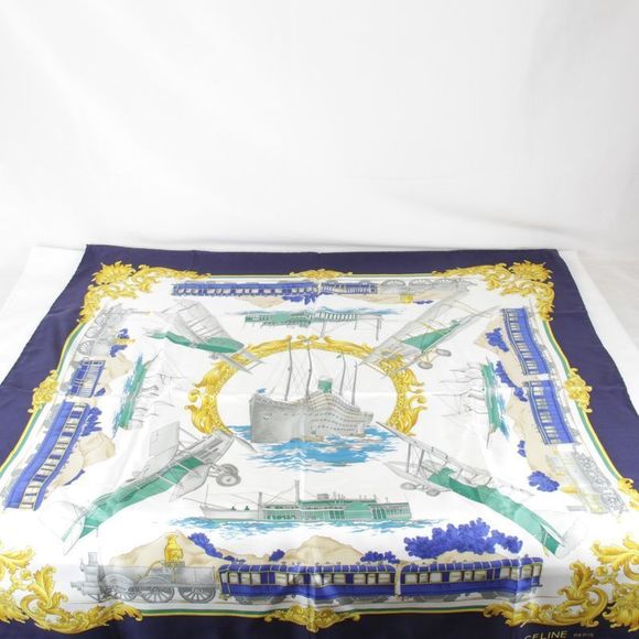 Celine Large Size 90 Blue Scarf Silk Women - Picture 1 of 7